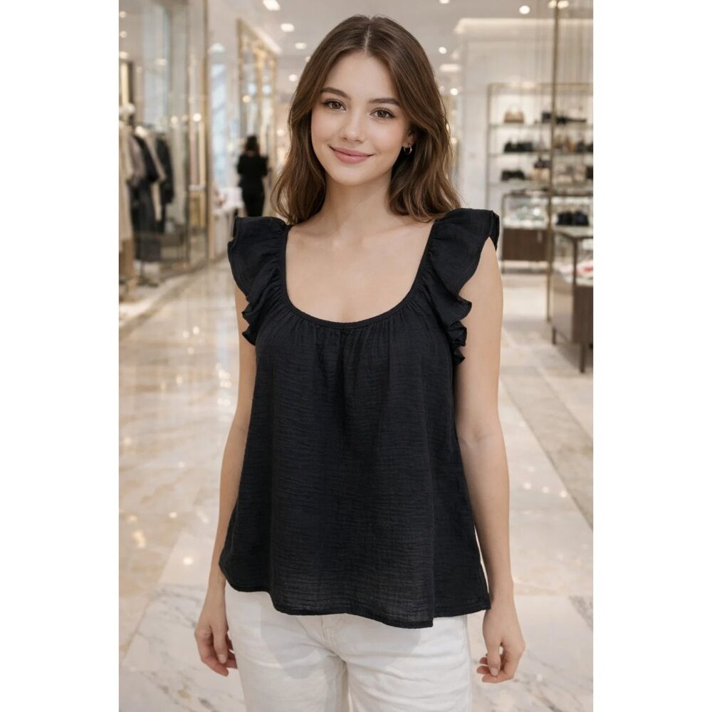 Saks Fifth Avenue Women's Black Sleeveless Ruffle Top Size Small